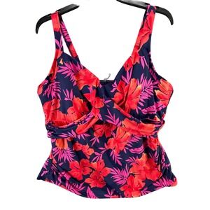 Lands End Surplice Underwire Tankini Swimsuit Top 20W DDD Blue Red Floral Beachy